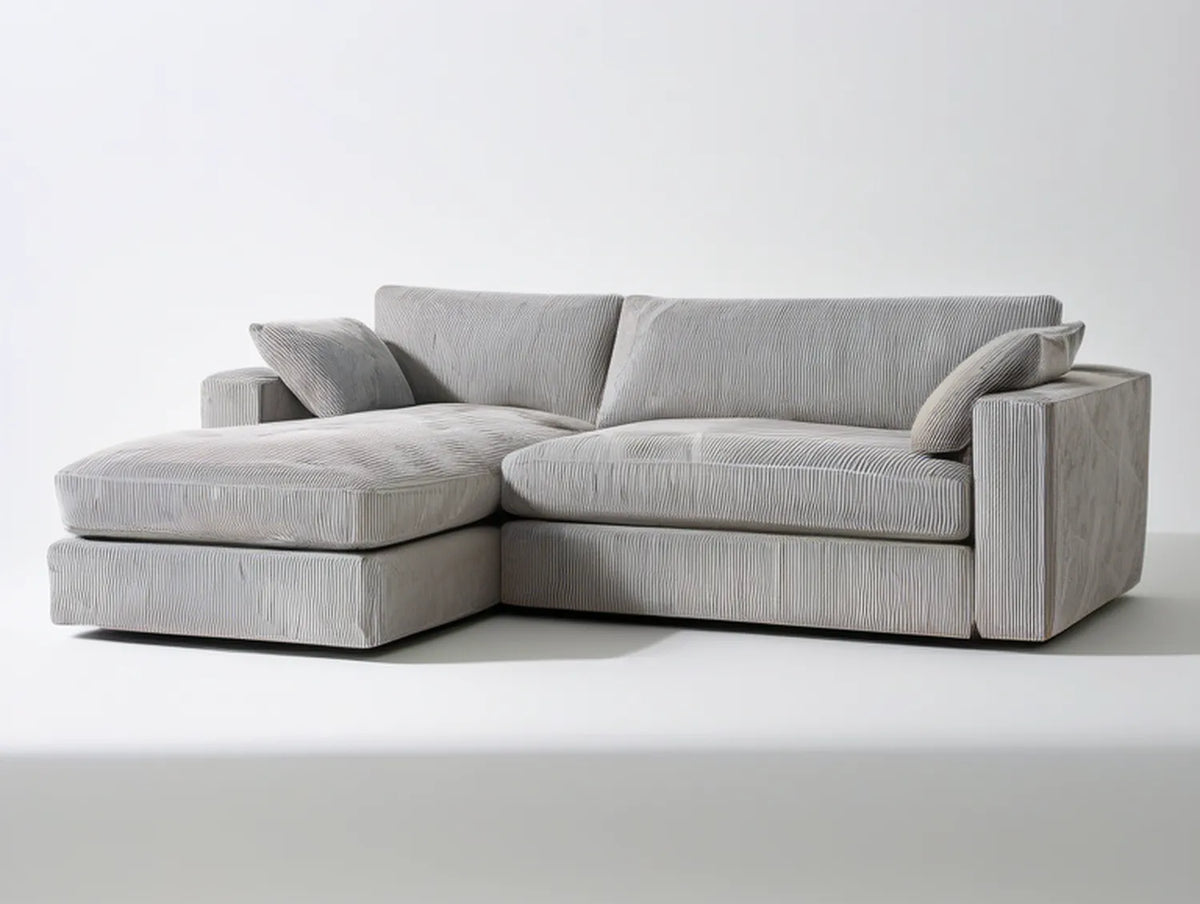 Light Gray Corduroy L-Shaped Sectional with Chaise, 112 x 65 x 33 in
