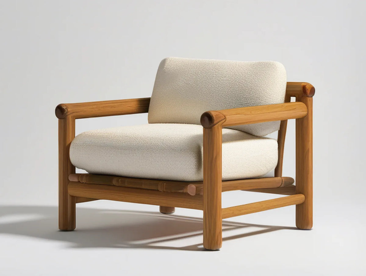 Cream Boucle Lounge Chair with Natural Brown Solid Rubberwood Frame, 30 x 32 x 31 in.