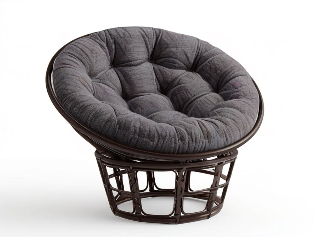 Papasan Swivel Lounge Chair with Gray Polyester Cushion and Dark Brown Rattan Frame, 42 x 42 x 35 in