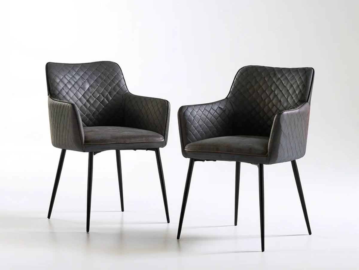 Set of 2 Black Diamond-Quilted PU Leather Dining Armchairs, 22.0 x 23.6 x 33.5 in