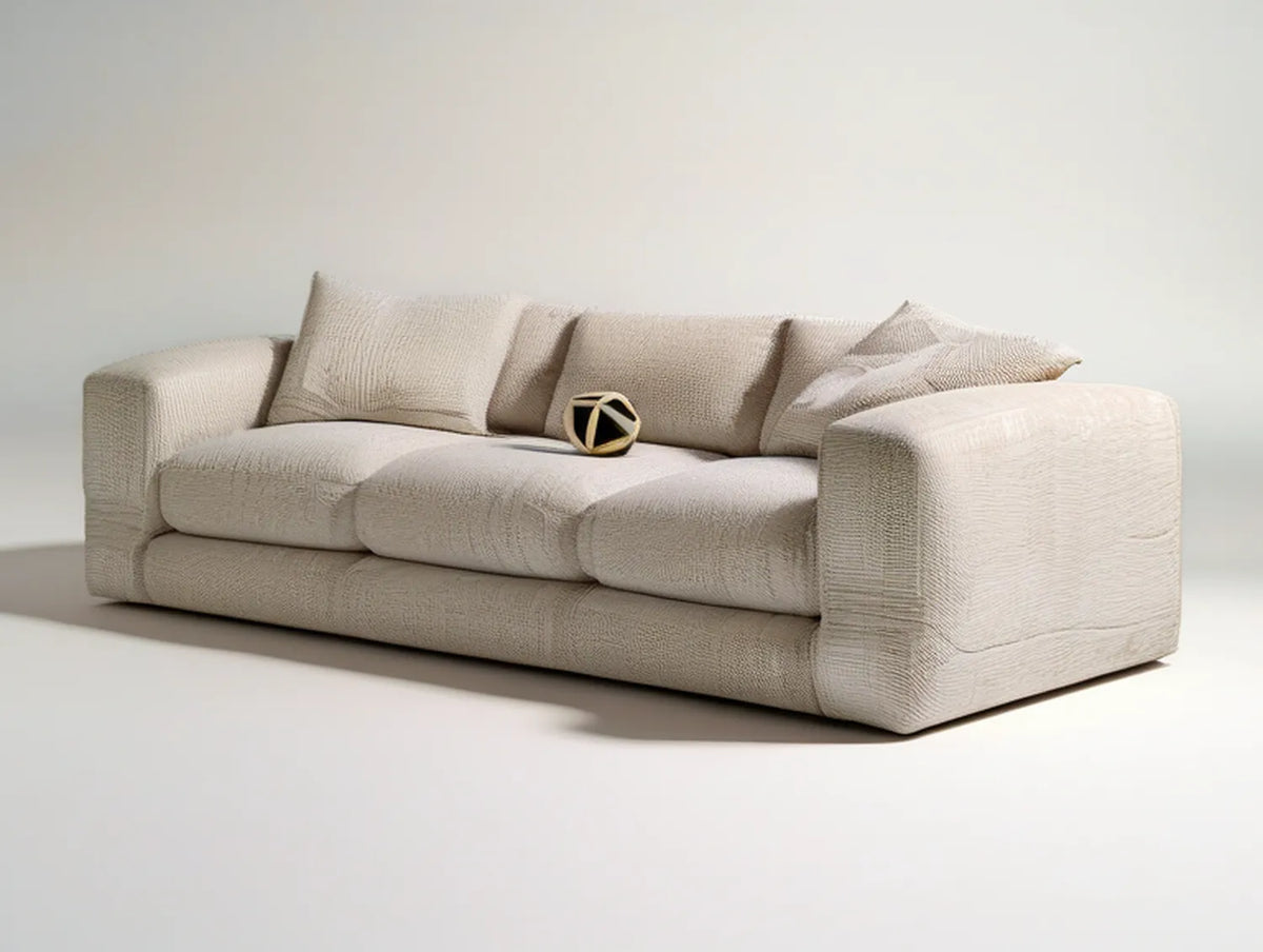 Cream 3-Seat Polyester Bouclé Sofa with Wide Square Arms, 90 x 40 x 31 in