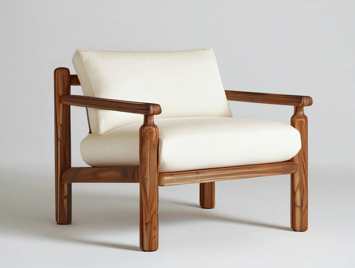 Ivory Polyester Upholstered Wood Armchair with Walnut Brown Rubberwood Frame, 30 x 32 x 31 in