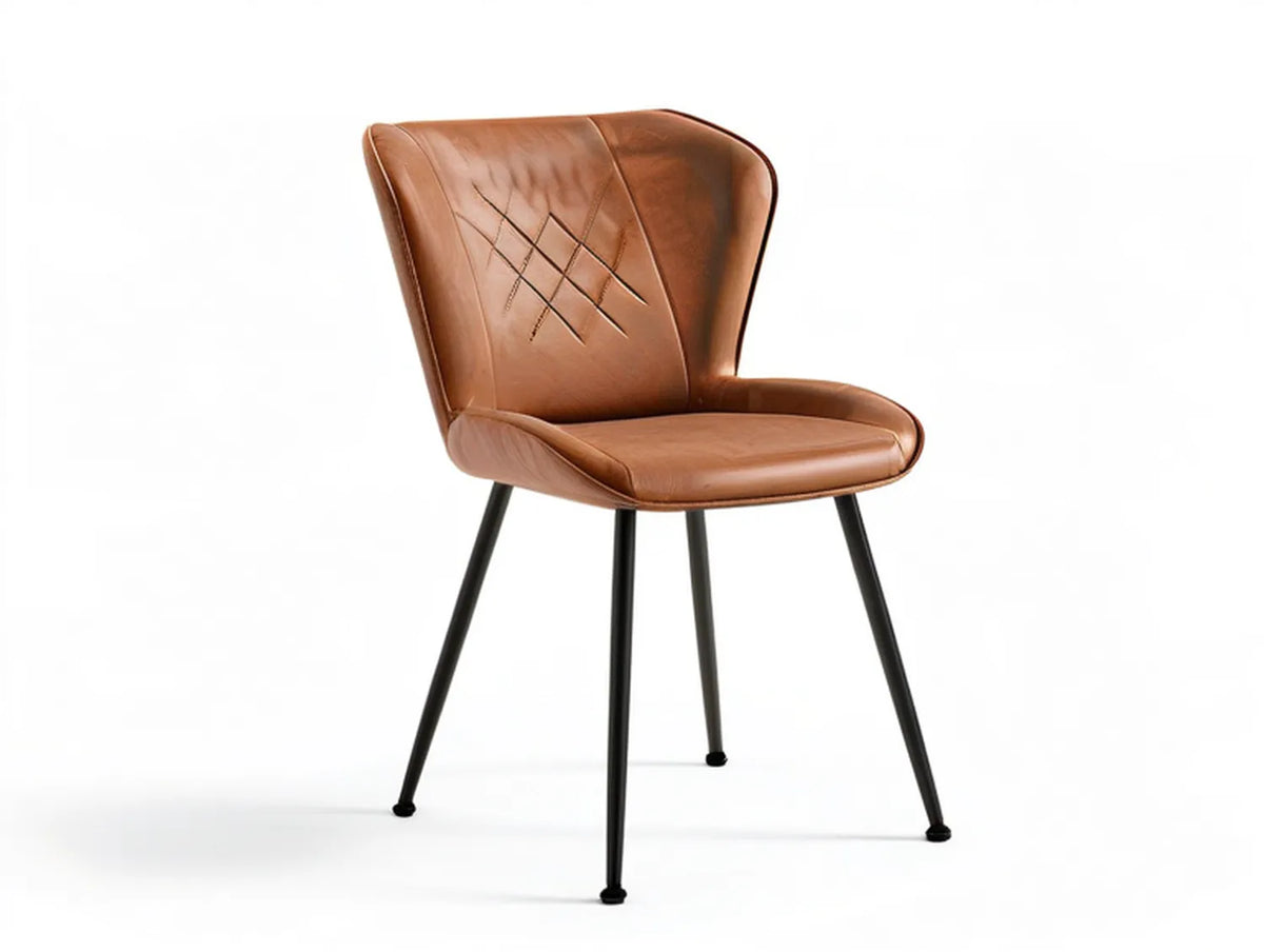 Brown PU Leather Upholstered Dining Chair, 22 x 24 x 33 in, Black Steel Legs