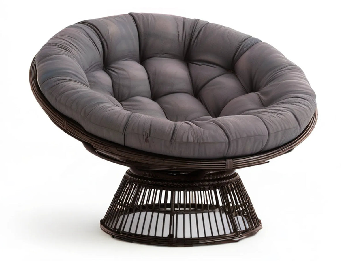 43 in Round Papasan Lounge Chair with Dark Gray Cushion and Dark Brown PE Rattan Frame