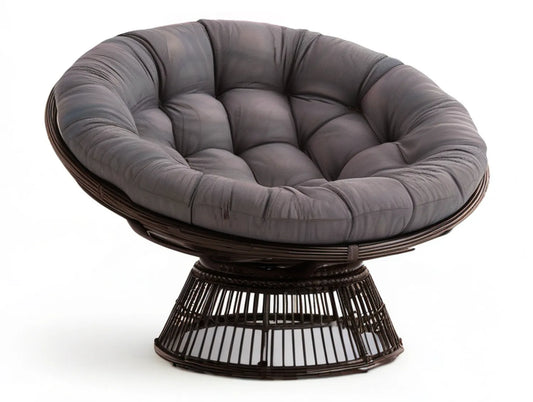 43 in Round Papasan Lounge Chair with Dark Gray Cushion and Dark Brown PE Rattan Frame