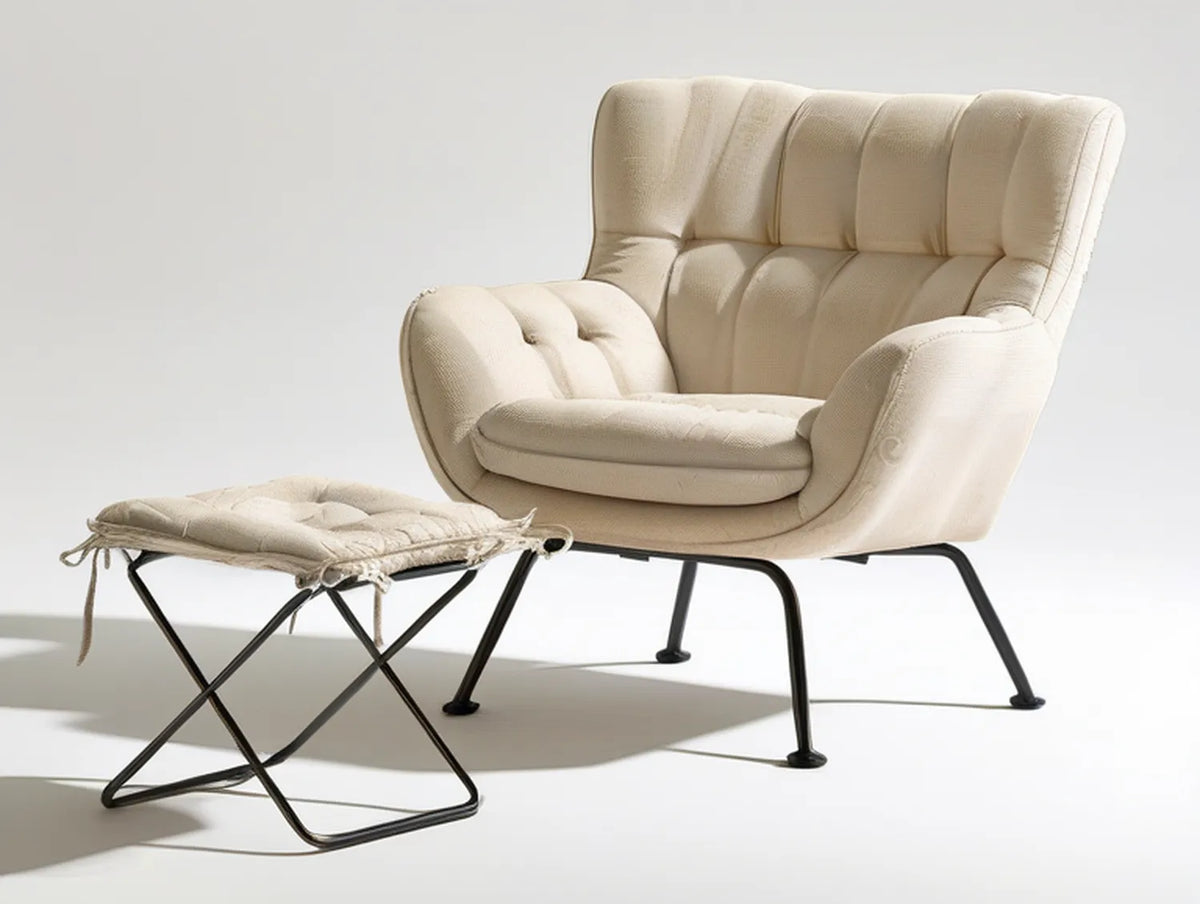Cream Tufted Lounge Chair and Ottoman Set with Black Steel Frame, 32 x 34 x 37 in