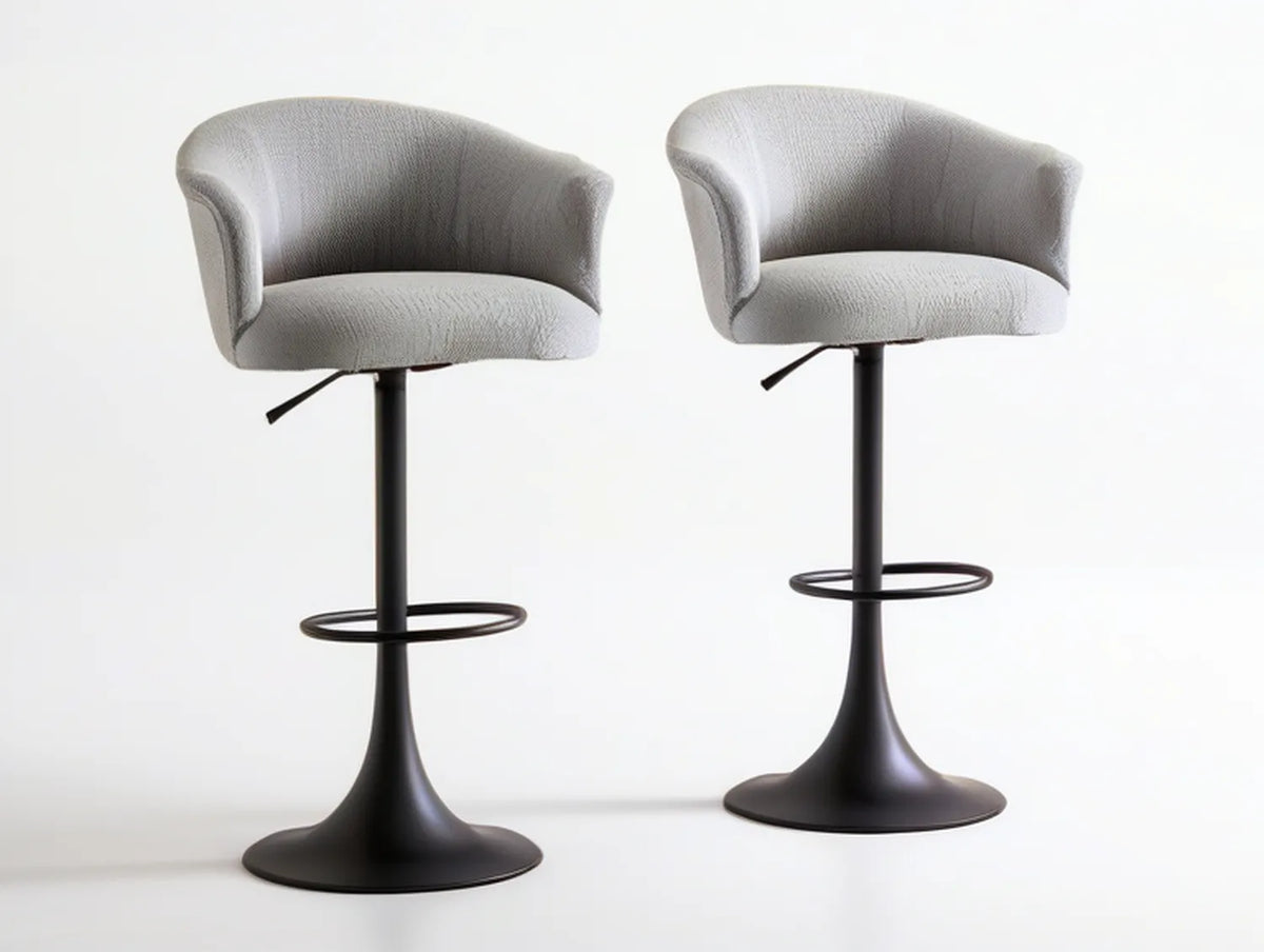 Set of 2 Adjustable Swivel Bar Stools, Gray Polyester Upholstery, Black Steel Base, 21.7 x 20.5 x 35.4-43.3 in