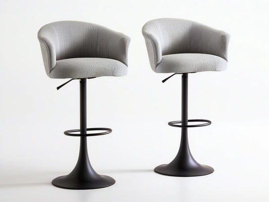 Set of 2 Adjustable Swivel Bar Stools, Gray Polyester Upholstery, Black Steel Base, 21.7 x 20.5 x 35.4-43.3 in