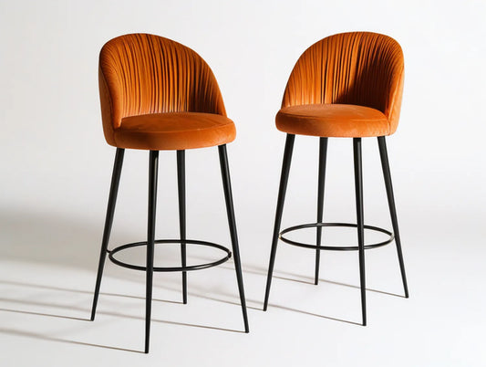 Set of 2 Orange Velvet Upholstered Bar Stools with Black Steel Legs, 20 x 21.5 x 39 in, Curved Channel-Tufted Back