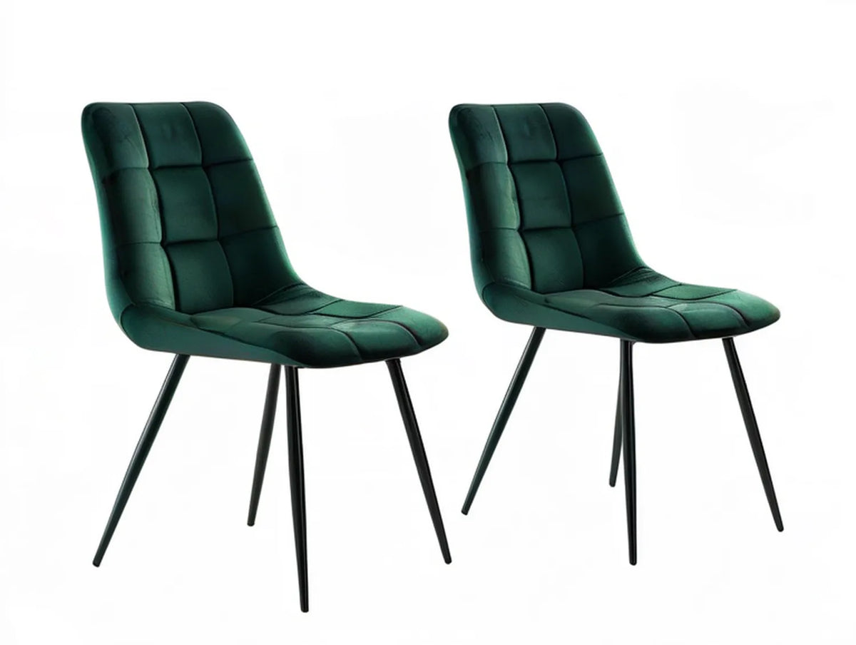 Set of 2 Dark Green Velvet High-Back Chairs with Black Steel Legs, 17.7 x 22.4 x 34.6 in