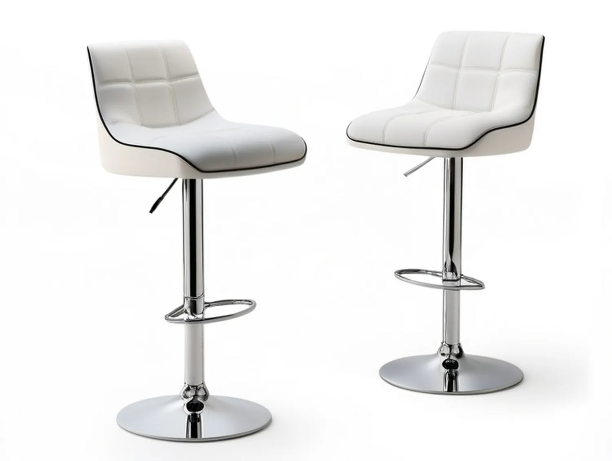 Set of 2 Adjustable Swivel Bar Stools, White PU Leather with Chrome Base, 20.5 x 20 x 35-43 in