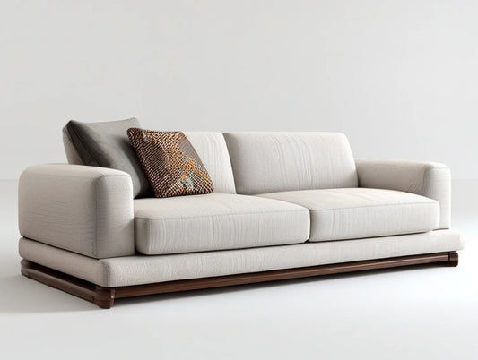 2-Seat Beige Polyester Upholstered Sofa with Dark Brown Rubberwood Base, 86 x 39 x 34 in