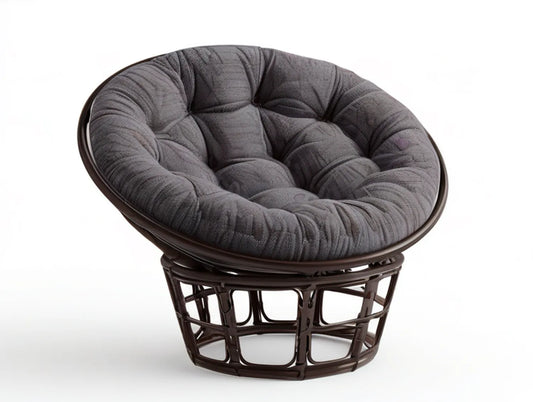 Papasan Swivel Lounge Chair with Gray Polyester Cushion and Dark Brown Rattan Frame, 42 x 42 x 35 in