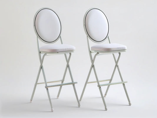 Set of 2 White Folding Bar Stools with Round Backrests, PU Leather Seats and Steel Frames, 17.7 x 19.7 x 41.3 in