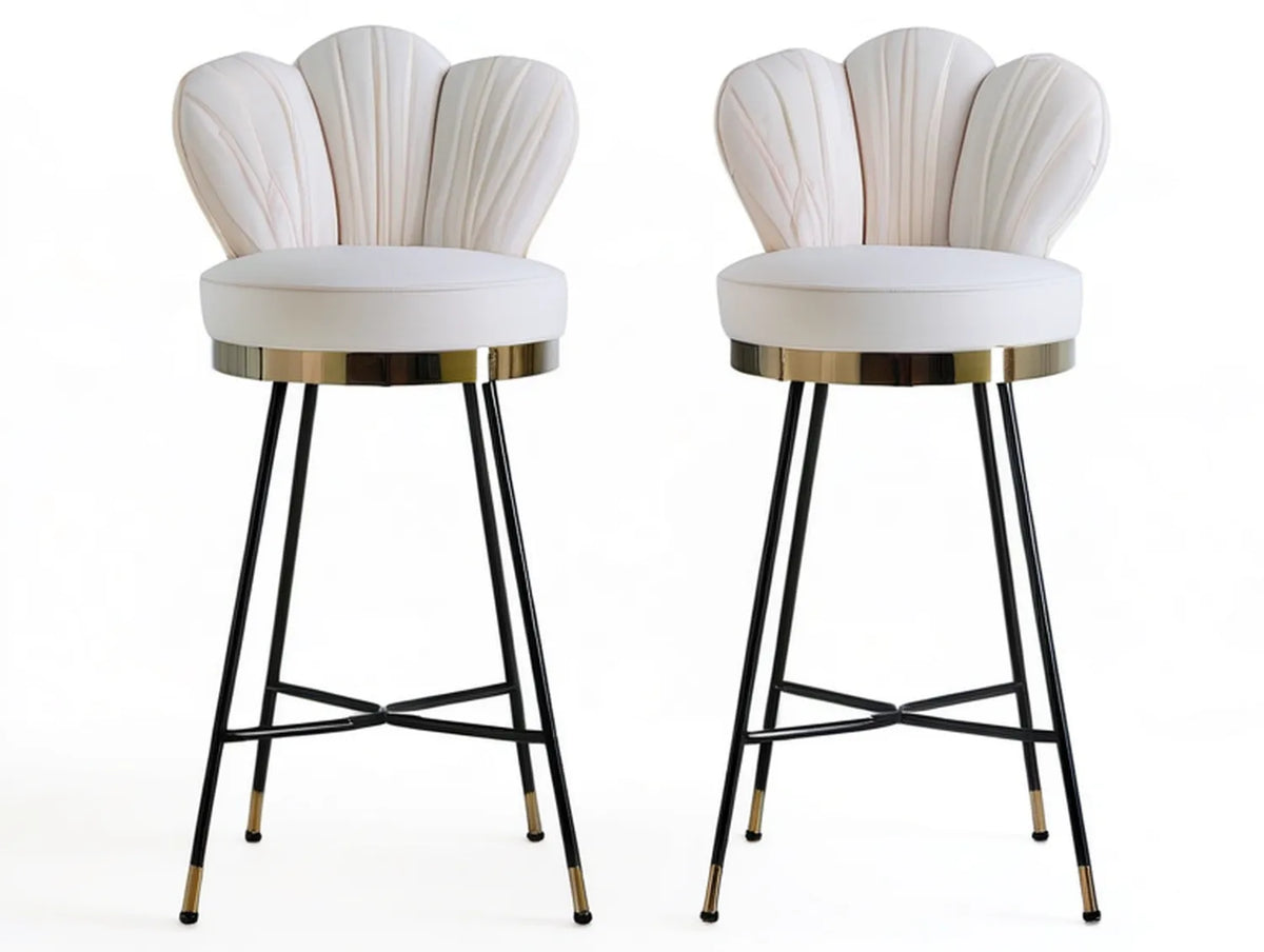 Set of 2 White PU Upholstered Bar Stools with Black Steel Legs and Gold Trim, 20 x 20 x 43 in