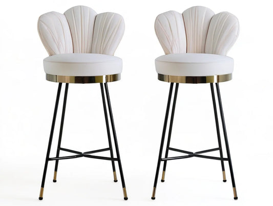 Set of 2 White PU Upholstered Bar Stools with Black Steel Legs and Gold Trim, 20 x 20 x 43 in
