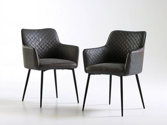Set of 2 Black Diamond-Quilted PU Leather Dining Armchairs, 22.0 x 23.6 x 33.5 in
