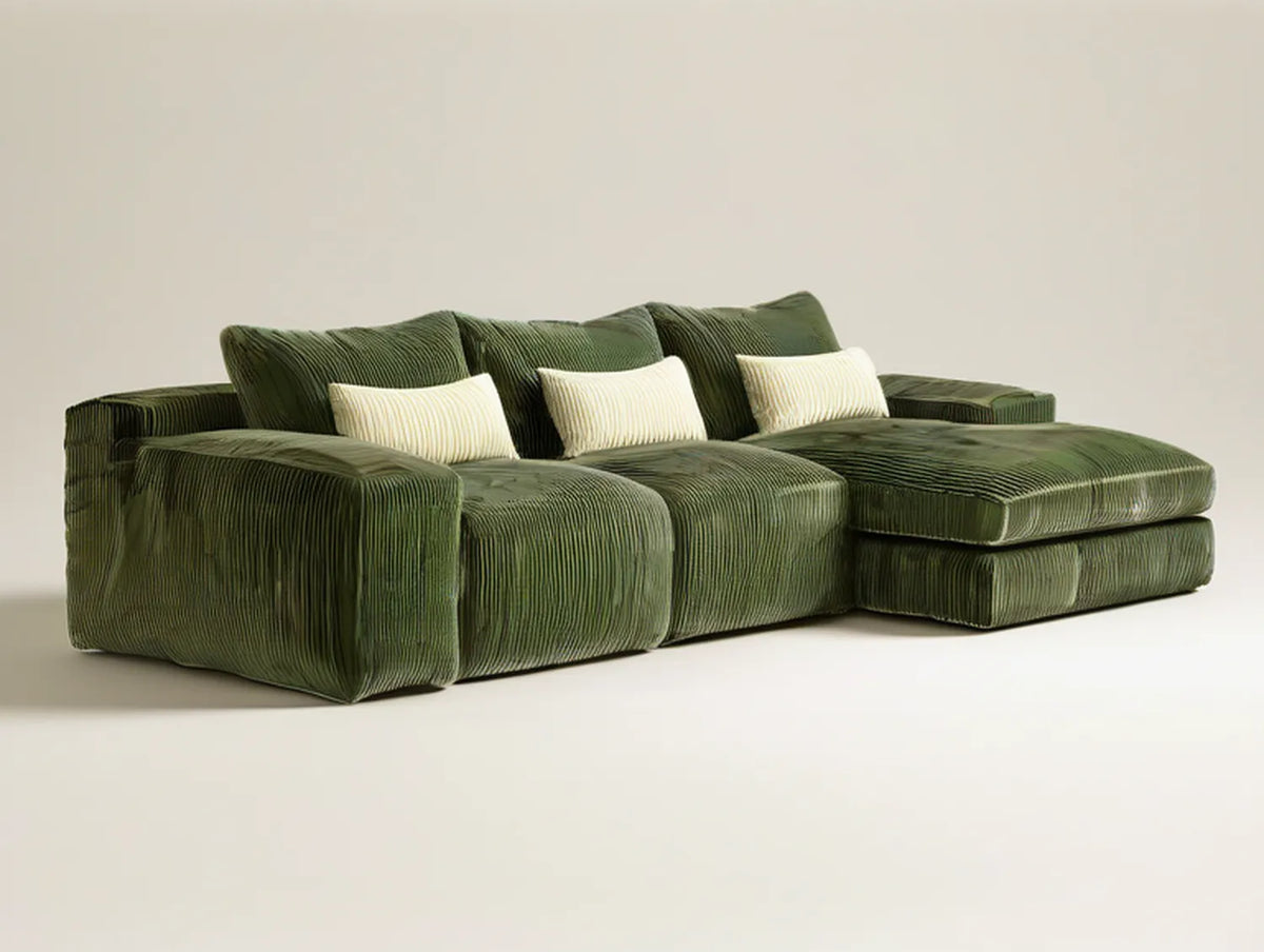 3-Seat Dark Green Corduroy L-Shaped Sectional with Right-Facing Chaise, 112 x 63 x 32 in