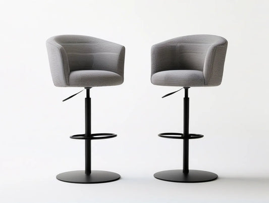 Set of 2 Gray Adjustable Swivel Barrel Bar Stools with Black Base, 21.7 x 20.5 x 35.4-43.3 in