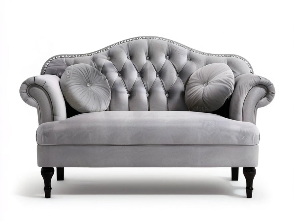 Gray Polyester Velvet Tufted Loveseat with Curved Back, Black Legs and Silver Nailhead Trim, 63 in W x 36 in D x 39 in H