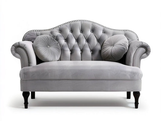 Gray Polyester Velvet Tufted Loveseat with Curved Back, Black Legs and Silver Nailhead Trim, 63 in W x 36 in D x 39 in H