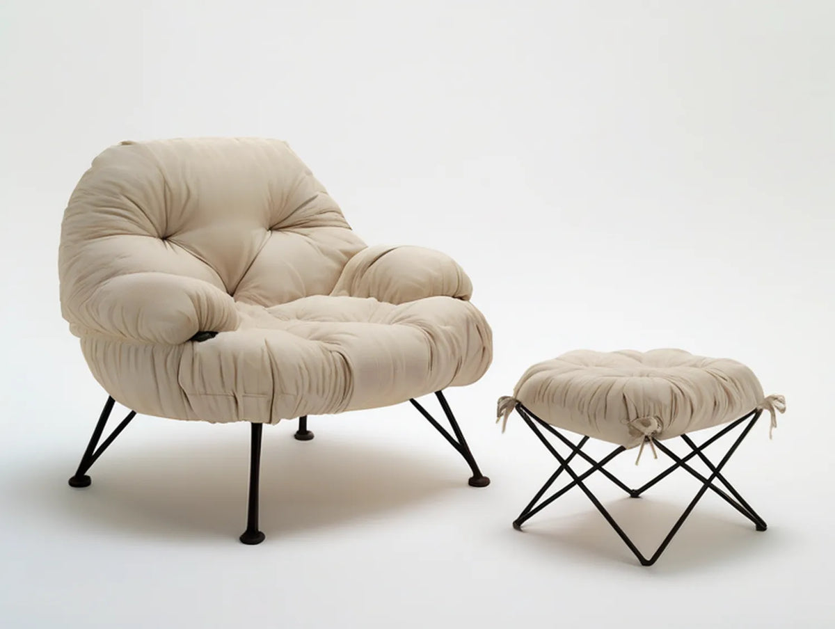Cream Tufted Lounge Chair and Ottoman Set with Black Steel Legs, 40.2 x 35.4 x 35.4 in