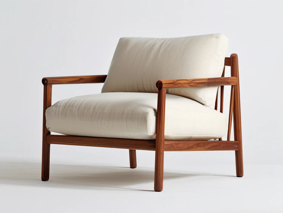 Beige Upholstered Lounge Chair with Walnut Brown Solid Wood Frame, 76 cm W x 82 cm D x 82 cm H