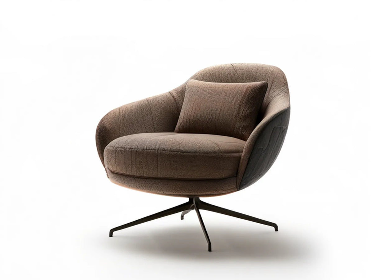 Brown Polyester Upholstered Swivel Barrel Chair with Black Steel Base, 31.5 x 31.5 x 31.9 in